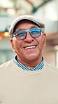 Face, house and old man with smile, glasses and confidence with retirement, relax or wellness. Clear vision, pensioner or mature person with happiness, pride or prescription with eyewear and calm