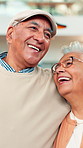 Happy, old couple or hug in home with joke for retirement, bonding together or healthy relationship. Laughing, senior man or elderly woman in living room with embrace for humor, support or connection