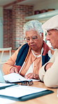 Paperwork, table or senior couple reading with insurance policy, health finance or claim process. Retirement, pc or old people with plan coverage for homecare service application, review or fund info