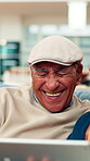 Happy, laughing and tablet with old couple on sofa for social media joke, streaming video and comedy. Online funny post, digital update and retirement with senior man and woman in living room of home