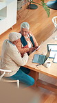 Paperwork, table or senior couple talking with insurance policy, health savings or financial debt. Retirement, pc or old people argue with hospital bill for claim rejection, review coverage or above