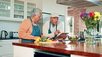 Tablet, cooking and scroll with old couple in kitchen for bonding, food blog tutorial and ingredient list. Online recipe instruction, nutrition and lunch with senior man and woman in home for support