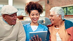 Healthcare, laughing or tablet with nurse and old couple on sofa in home living room for support. Advice, app or funny with caregiver and senior people in apartment for medical checkup or feedback