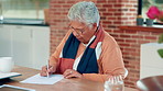Writing, contract and senior woman in home for planning budget, pension fund and bills in morning. Documents, title deed and elderly person with filling paperwork for retirement application in house.