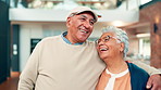 Love, old couple and laugh in home with hug for retirement, bonding together and healthy relationship. Happy, senior man and elderly woman in house with embrace for connection, support or commitment.