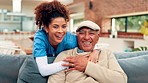 Face, nurse and senior man hug on couch, elderly care and laughing together for funny interaction. Assisted living, retirement or happy caregiver with embrace for old person, trust or support in home