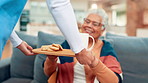 Woman, nurse and serving breakfast with elderly patient for hospitality or assisted living in home. Senior, female person or caregiver with meal tray for retirement service or healthcare in house