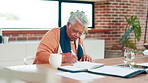 Writing, paperwork and senior woman in home for planning budget, pension fund and bills in morning. Contract, title deed and elderly person with filling documents for retirement application in house.