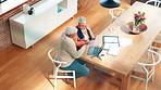 Above, senior couple and documents at house for finance, debt review and payment delay. Elderly people, argument or laptop with paperwork, financial crisis and dispute for bankruptcy of overdue bills