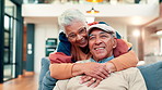 Face, elderly couple and hug in home with smile for retirement, bonding together or healthy relationship. Happy, senior man and old woman in house with embrace for connection, support and commitment.