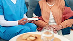 Nurse, hands or elderly patient with medication, breakfast or instructions for daily dosage in home. People, caregiver or talking with senior woman for pills, pharmaceuticals or prescription in house