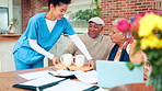 Senior couple, paperwork and caregiver with coffee for finance, budget planning and mortgage. Elderly people, documents and volunteer with beverage, medical insurance and financial expenses at house