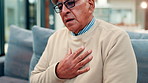 Senior man, chest pain or cough with cardiac arrest for heart attack, disease or illness in home. Elderly, male person or patient with respiratory infection or hypertension for high blood pressure