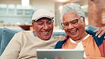House, funny and old couple on sofa, tablet and online humor with smile, relax and retirement. Internet, mature man or senior woman with tech, love and comedy video with social media, app or laughing