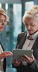 Tablet, discussion and business women in office with teamwork for finance review with budget. Digital technology, planning and manager with financial advisor for investment proposal in workplace