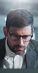 Glasses, business man and reading with laptop in office for financial report, email and vision. Computer, eyewear and consultant in workplace to review proposal, investment and eyesight correction