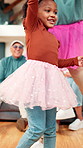Ballet tutu, child or father in home for dance practice, coordination development or family audience. Rehearsal, talent showcase or people with girl to watch performance, helping and support for spin