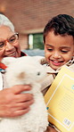 Grandmother, play and toys with child at house for love, fun games and bonding together. Senior woman, kid and teddy bear with story book, family connection and babysitting for childhood development