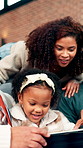 Family, mother and child with tablet in home for movie, education app or play game together. Girl, grandparents and mom with technology in living room for learning, bonding and smile with generations