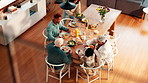 Above, people and generations at table with meal setup, bonding or healthy buffet in reunion. Sharing, nutrition food and family in house with eating prep, connection or social gathering in tradition