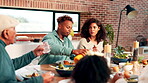 Meal, people and generations at table with conversation, bonding or healthy buffet in reunion. Sharing, nutrition food and family in house with eating, connection and social gathering in tradition.