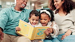 Laugh, parents and children reading book in home, bonding and happy African family relax together. Story, mother and father with kids for learning, funny joke or development in living room on sofa