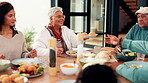 Meal, people or generations at table with sharing, bonding together or healthy food in reunion. Connection, love and family in house with nutrition buffet, eating or social gathering in tradition.