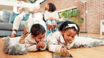Relax, tablet and children on floor in home for learning, education app or reading story. Technology, kids and siblings in living room for entertainment, game or online search with family generations
