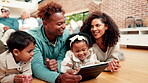 Bonding, relax and tablet with family on floor in living room of home for break or streaming. App, love or watching video with mother, father and kids in apartment for subscription entertainment