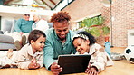 Love, home and family on floor with tablet, streaming movies and break for weekend or relax together. Grandparents, father and children on ground with social media, technology and bonding with video