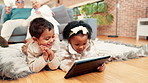 Relax, tablet and kids on floor in home for learning, education app or reading story. Technology, happy children and siblings in living room for talking, game or online search with family generations