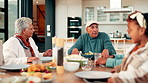 Meal, grandparent and family at table with conversation, bonding and buffet in healthy lunch. Together, nutrition food and people in house with discussion, connection or social gathering in tradition