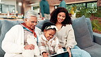 Grandma, mother and child with tablet on couch for bonding together, connection or play on kids app. Old woman, happy mom or daughter with generations in home for tech, online game and entertainment.