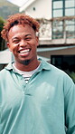Real estate, laughing and face of black man by new house, excited and residential property for smile. Achievement, portrait and homeowner outdoor with happiness for moving in, purchase and investment