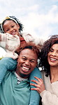 Face, laughing and sitting on shoulders with family outdoor in garden of home for relationship. Excited, funny or piggyback with girl child and happy parents in backyard for bonding or trust