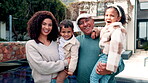 Face, family and children outdoor at new home with property investment, mortgage success or security. Mother, grandpa and kids with smile at dream house for real estate purchase, insurance or support