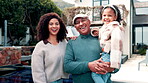 Face, happy family and kid outdoor at new home with property investment, mortgage success or security. Mother, grandpa or girl with smile at dream house for real estate purchase, insurance or support