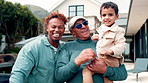 Face, grandpa or father with child outdoor for happy family bonding together, embrace or holiday fun. Old man, parent smile or son hug in backyard with generations for vacation, getaway and memories.