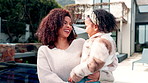 Happy, laugh and mom with child in backyard for bonding, loving relationship and connection in new home. Family, parenting and mother carry girl for trust, support and affection outdoor on property
