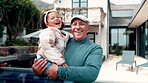 Happy, backyard and face of grandpa with child for bonding, loving relationship and connection in home. Family, grandparent and portrait of senior man with girl for trust, love and affection outdoor