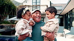 Happy, laugh and grandpa with children in backyard for bonding, loving relationship and connection in home. Family, grandparent and senior man with kids for trust, support and affection outdoor