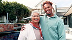 Face, old woman and son with hug outdoor for bonding together, funny conversation and holiday memories. Happy family, embrace and laughing in backyard with humor for vacation, getaway and connection.