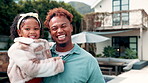 Happy, backyard and face of dad with child for bonding, loving relationship and connection in new home. Family, parenting and portrait of man carry girl for trust, support and affection outdoor
