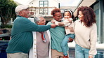 Smile, hug and big family outdoor for bonding, love and connection together at new home. Happy, laughing and girl child with parents and senior grandparents for embrace with real estate investment.