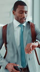 Black man, watch and rush with delay for flight, boarding termination or late schedule in airport. Businessman, busy or running with wristwatch or stress for travel time, mistake or plane departure