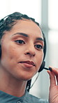 Call center, headset or woman in office, speaking or communication with online service. Person, consultant or employee in workplace, crm or customer support with help desk, contact us or conversation