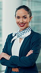 Happy woman, face and flight attendant with confidence for business class or airport travel service. Portrait, female person or gate agent with smile or arms crossed for airline safety or boarding