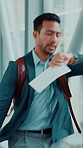 Businessman, watch or rush with ticket for flight delay, boarding pass or late schedule in airport. Man, busy or running with wristwatch, anxiety or stress for travel time, mistake or plane departure