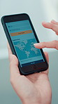 Person, hands and phone screen with navigation app for flight, online booking or planning trip. Traveler, user or scrolling with mobile smartphone display or airline website for global journey