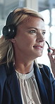 Customer service, talk and business woman in call center for banking, financial support or crm. Contact us, headset or agent speaking in office for account assistance, loan inquiry or problem solving